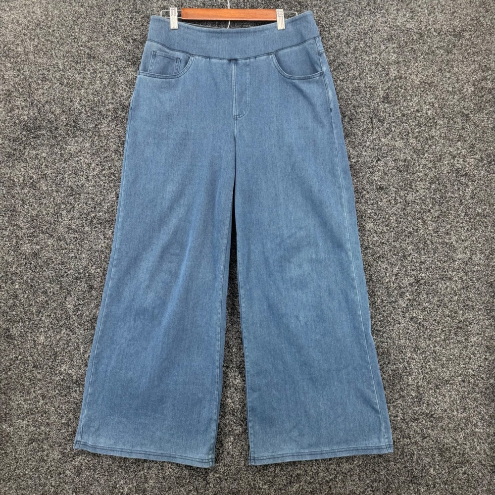 Halara Womens Large Regular Wide Leg Pull On Denim Look Knit Pants Blue Stretch